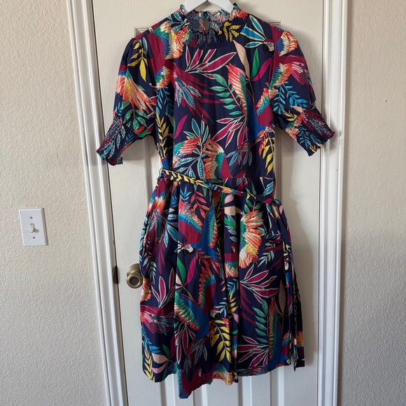 Farm Rio Tropical Print Smocked Midi Dress Size L - Picture 1 of 13